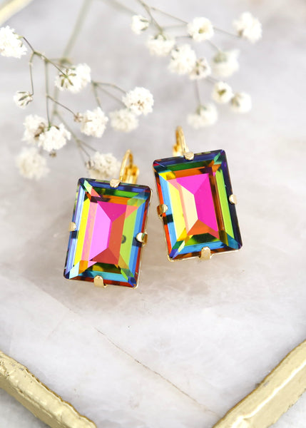 Peacock Crystal Earrings, Rainbow Crystal Drop Earrings, Peacock Drop Earrings, Green Pink Crystal Earrings, Handmade Gift For Her