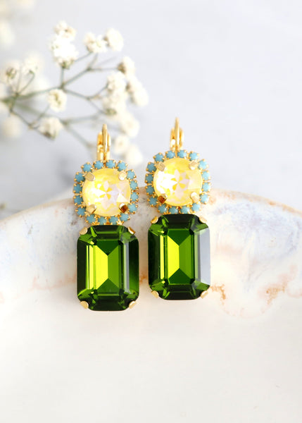 Green Yellow Drop Earrings, Lemon Green Crystal Earrings, Green Drop Earrings, Olive Green Earrings, Gift For Woman, Lime Crystal Earrings