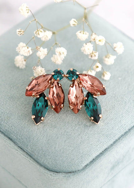 Burgundy Blush Emerald Green Earrings, Blush Green Emerlad Cluster Earrings, Burgundy Crystal Bridal Earrings, Burgundy Bridesmaids Earrings