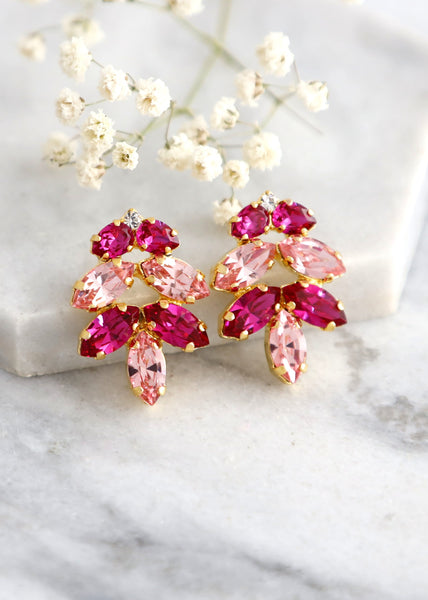 Pink Cluster Crystal Earrings, Hot Pink Fuchsia Crystal Earrings, Bridal Pink Crystal Stud Earrings, Magenta Crystal Cluster Earrings