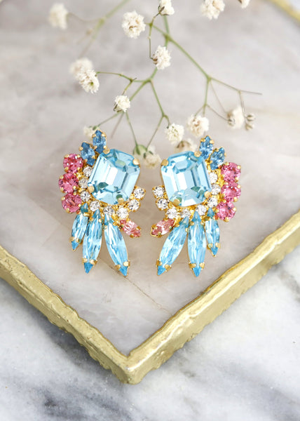 Blue Pink Crystal Earrings, Aquamarine Cluster Handmade Earrings, Bridesmaids Earrings, Aquamarine Pink Crystal Bridal Stud Earrings