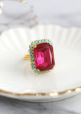 Fuchsia Pink Cocktail Ring, Hot Pink Crystal Ring, Statement Gold Crystal Pink Ring, Adjustable Cocktail Ring, Statement Magenta Gold Ring.