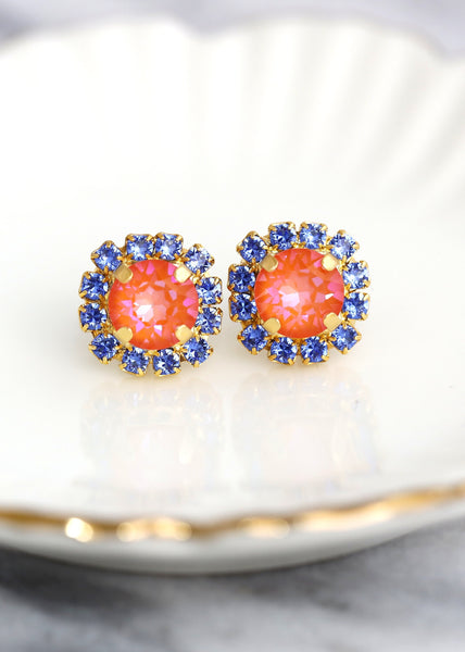 Orange Blue Stud Earrings, Orange Crystal Gold Stud Earrings, Blue Orange earrings, Bridesmaids jewelry, Burnt Orange Crystal Earrings