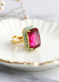 Fuchsia Pink Cocktail Ring, Hot Pink Crystal Ring, Statement Gold Crystal Pink Ring, Adjustable Cocktail Ring, Statement Magenta Gold Ring.