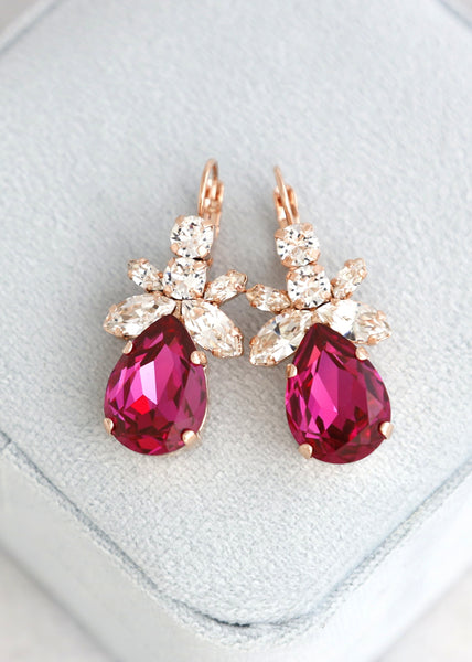 Hot Pink Earrings, Fuchsia Crystal Drop Earrings, Pink Silver Earrings, Hot Magenta Earrings, Bridesmaids Earrings, Fuchsia Crystal Earrings