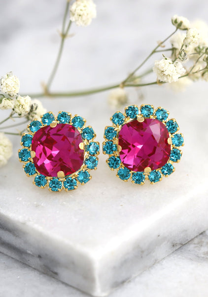 Hot Pink Crystal Stud Earrings, Fuchsia Pink Blue Teal Crystal Earrings, Hot Pink Earrings, Bridesmaids Earrings, Birthday Gift For Her