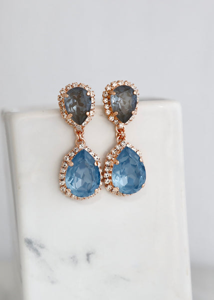 Blue Gray Crystal Earrings, Blue Denim Dark Grat Crystal Chandelier Earrings, Navy Blue Gray Swarovski Earrings, Blue Gray Wedding Jewelry