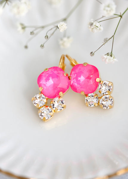 NeoN Pink Drop Earrings, Electric Pink Crystal Earrings, Hot Pink Crystal Earrings, Neon Pink Crystal Drop Earrings, Gift For Her