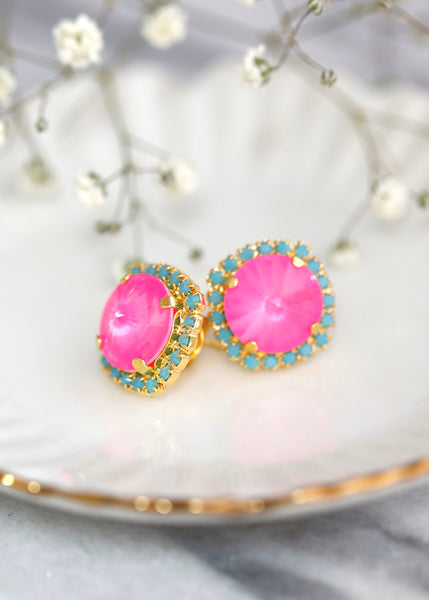 Neon Pink Crystal Earrings, Electric Pink Swarovski Crystal Stud Earrings, Brideamids Earrings, Hot Pink Crystal Stud Earrings, Gift For Her