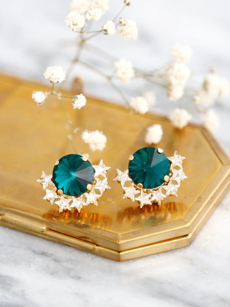 Emerald Green Earrings, Dark Green Swarovski Crystal Earrings, Christmas Gift For Her, Christams Jewelry, Forest Green Swarovski Star Studs