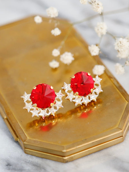 Red Crystal Stud Earrings, Red Ruby Swarovski Crystal Earrings, Christmas Gift For Her, Christams Jewelry, Scarlet Red Swarovski Star Studs