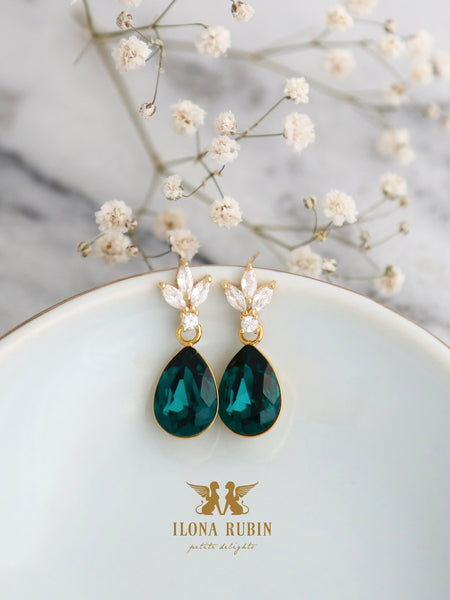 Emerald Green Swarovski Crystal Dangle Earrings - Bridal Emerald Green Earrings, Perfect for Brides, Bridesmaids, Dark Green Drop Earrings.