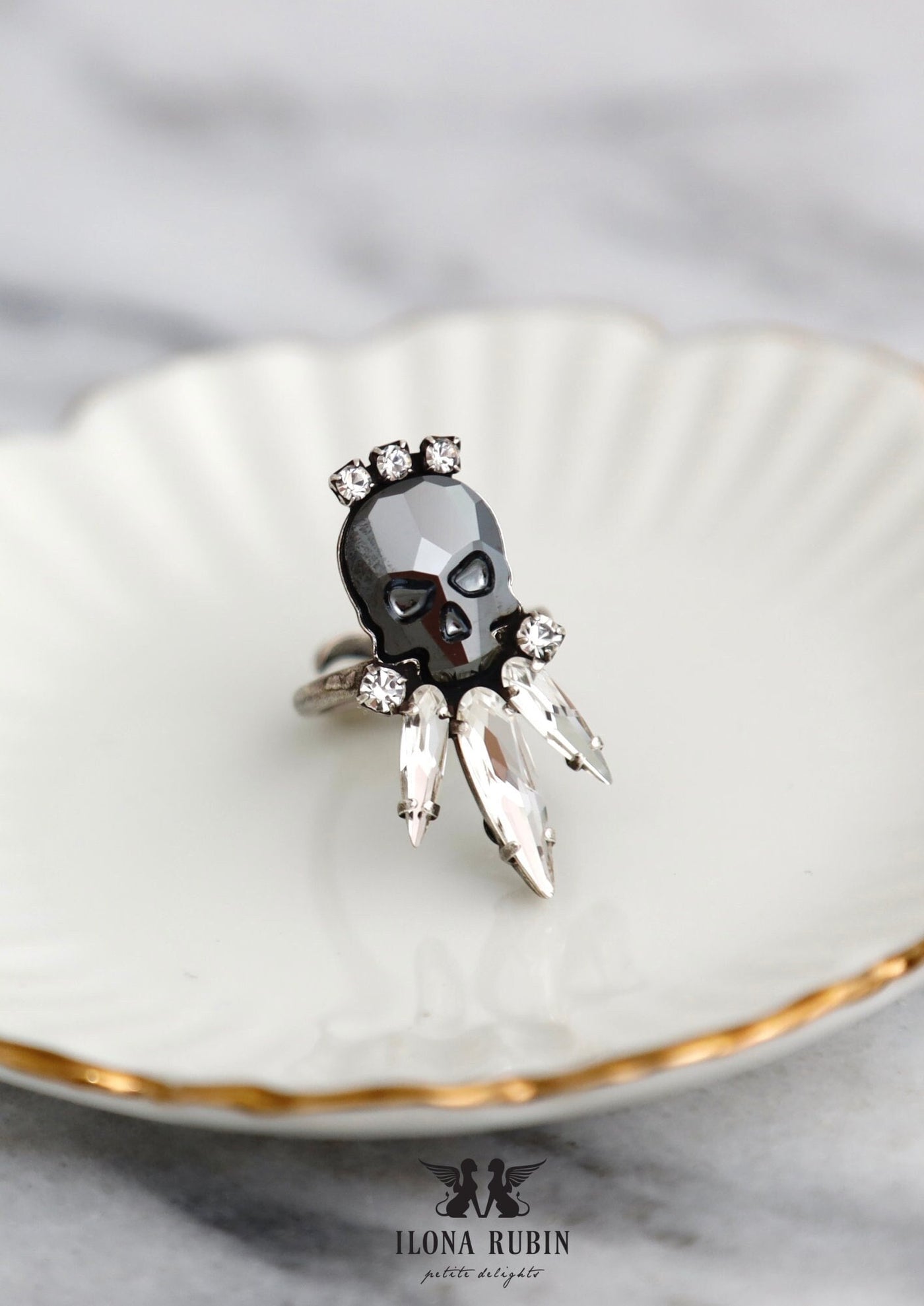 Skull Ring, Skull Gothic Black Silver Ring, Crystal Skull Ring, Gift For Her, Crystal Ring, Sugar Skull Ring, Gothic Silver Adjustable Ring.