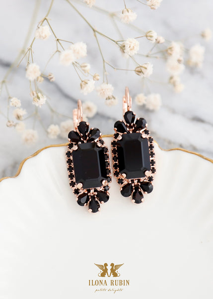 Black Gold Crystal Earrings, Black Swarovski Drop Earrings, Bridal Black Drop Earrings, Black Gold Earrings, Bridesmaids Black Earrings