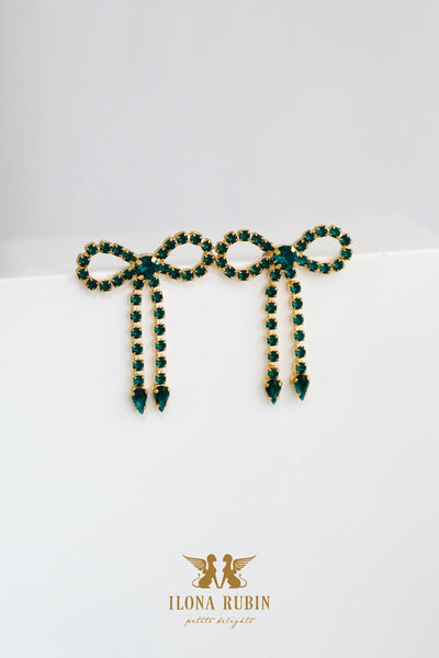 Emerald Green Crystal Earrings, Bow Earrings, Emerald Crystal Drop Earrings, Bridal Bow Crystal Earrings, Green Tassel Crystal Earrings.
