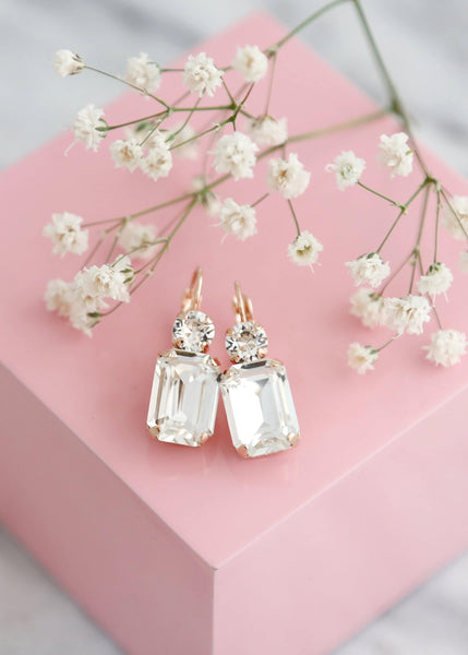 Bridal Crystal Gold Earrings, Emerald Cut Bridal Earrings, Swarovski Crystal Classic Earrings, Wedding Bridal Drop Earrings, Gift For Woman