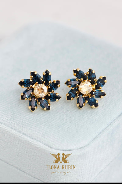 Blue Navy Stud Earrings, Blue Sapphire Crystal Bridal Stud Earrings, Dark Blue Gold Earrings, Gift For Woman, Bridemaids Blue Earrings