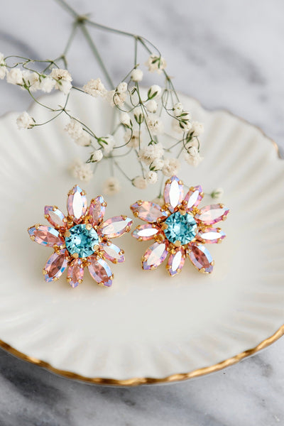 Flower Crystlal Stud Earrings, Pink Blue Crystal Stud Earrings, Summer Spring Bridal Earrings, Bridesmaids Light Pink Earrings, GifT For Her