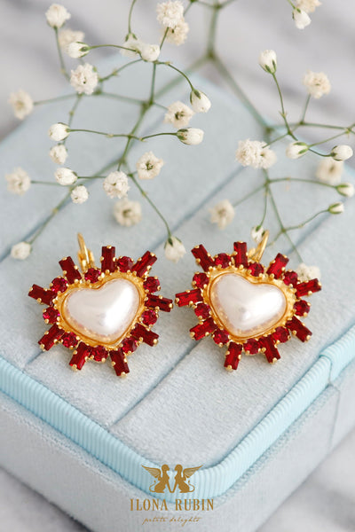 Heart Drop Crystal Earrings, Pearl Heart Red Ruby Crystal Drop Earrings, White Pearl Lever back Crystal Earrings, Heart Drop Earrings.