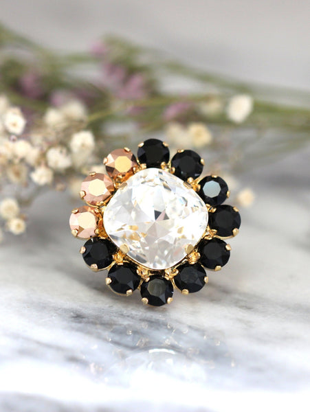 Cocktail Ring,Statement Crystal Ring, Black Gold Ring,Crystal Big Ring, Statement Ring,Bridal Crystal Ring, Gift For Her,Trending Jewelry